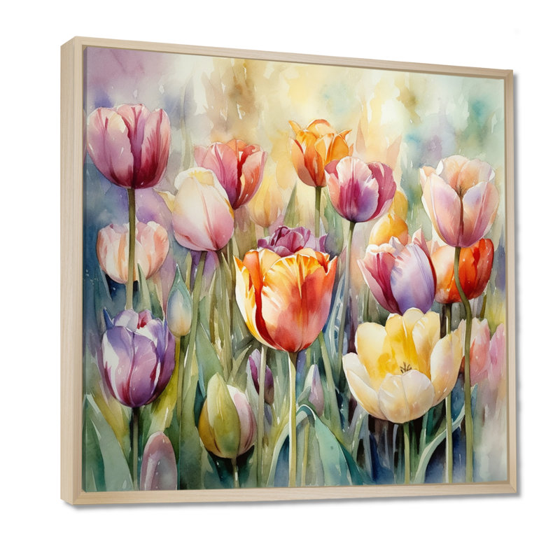 Jardin des tulipes - art mural tulipe, H 24 po x l 24 po x P 1 po, Cadre flottant érable