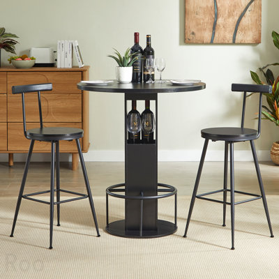 Ensemble de table de bar et de tabourets 3 pièces 31,5 pouces Table de bar ronde avec deux tabourets Bar de salle à manger en bois compact avec repose-pieds en métal idéal pour les restaurants, les cafés, les bars, les salons et les petits espaces, noir