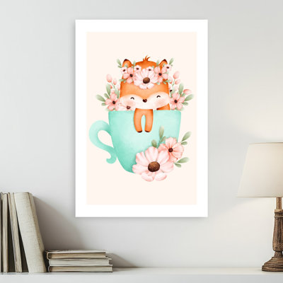 Sweet Fox Teacup Flowers Whimsical Contemporary Fox Flower Spring Wall Art Print 1 Piece Wrapped Canvas Wall Art