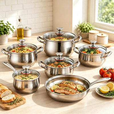 Ensemble de 6 pièces de batterie de cuisine en acier inoxydable avec couvercle, en forme de tambour, résistant à la chaleur, adapté à la cuisson à la vapeur, à la cuisson et à la friture.