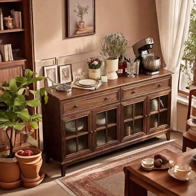 Walnut Sideboard with Large Storage and Glass Door