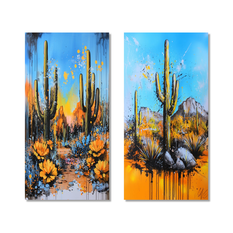 Paysage abstrait de cactus mexicains - ensemble de 2 impressions murales botaniques en métal, 32" H x 32" W