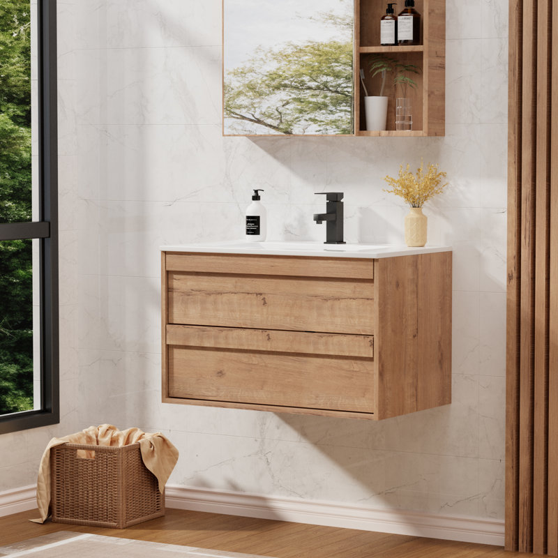 Jadaya Sharee 30" Modern Wall mounted Bathroom Vanity Set with Sink Top, Faucet, Floating Cabinet, EPA Certified, Oak