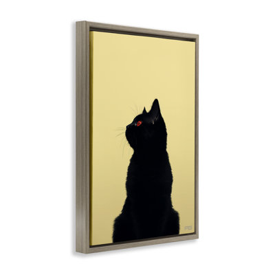Chat noir sur toile flottante encadrée jaune et gris par Roozbeh Bahramali