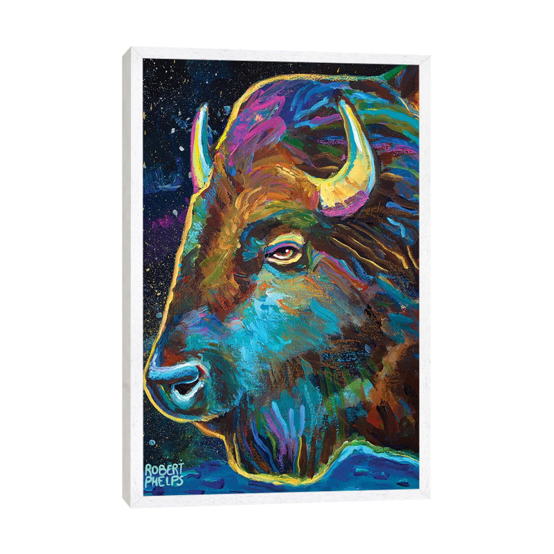 Galactic Buffalo by Robert Phelps - Painting on Canvas, 66.04cm H x 45.72cm W x 3.81cm D, White Framed