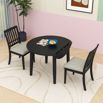 3-Piece Round Drop-Leaf Dining Set with Folding Wood Table and 2 Upholstered Slat-Back Chairs