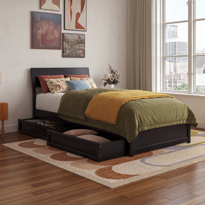 Norla Twin XL Wood Platform Bed with Footboard and Storage Drawers, White