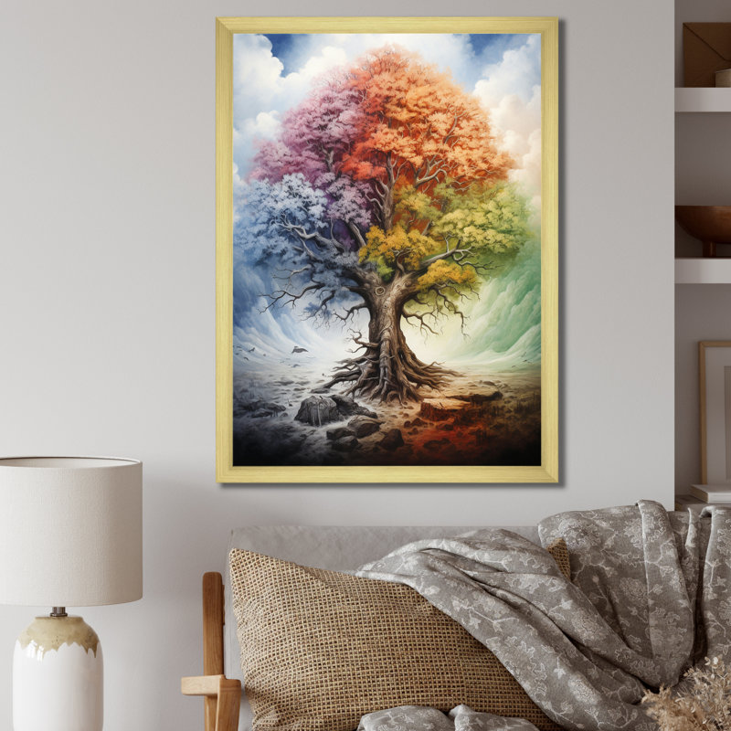 «Tree of Life All Seasons I - Trees», reproduction d'art sur toile encadrée, H 32 po x l 16 po x P 1 po, Cadre doré simple