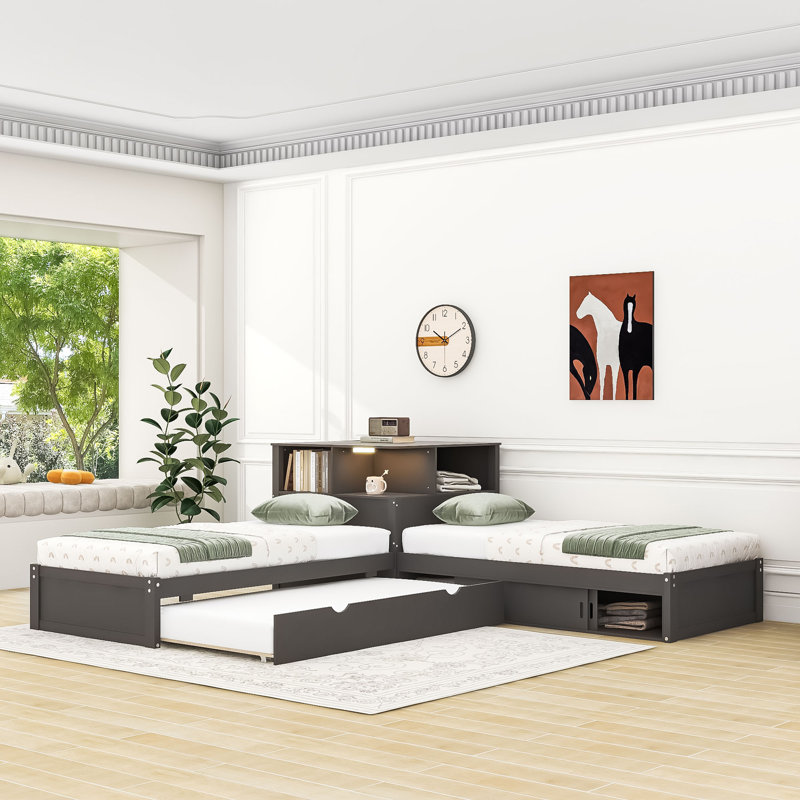 Lit plateforme avec armoires, bureau, lit gigogne et lumière DEL, gris
