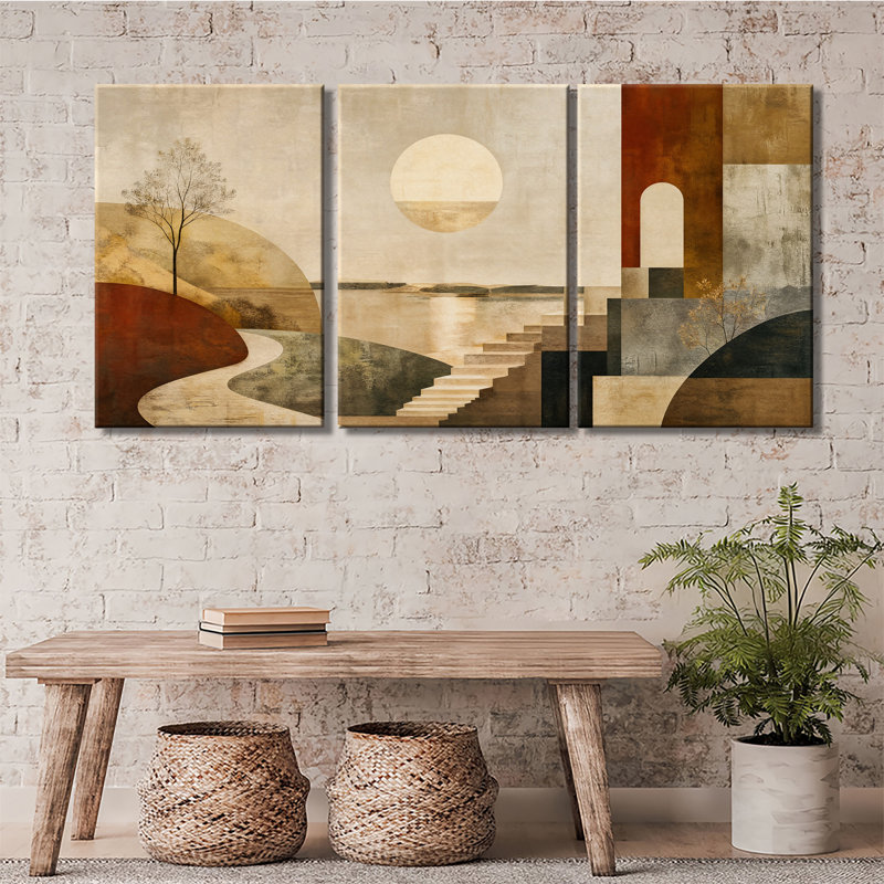 Géométrique, paysage abstrait, soleil, escalier, arche, art texturé sur toile tendue 3 pièces (1), 12" H x 24" W x 1" D