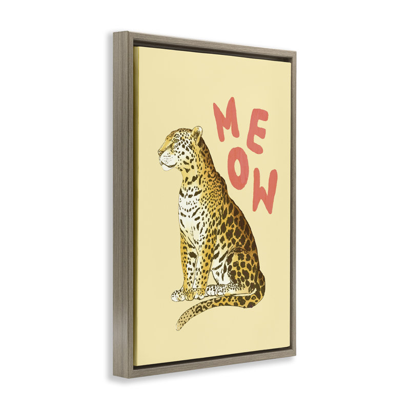 Léopard Meow sur cadre flottant jaune, design par Florentina Dolci, Montalcino orme flottant encadré, H 25 po x l 17 po