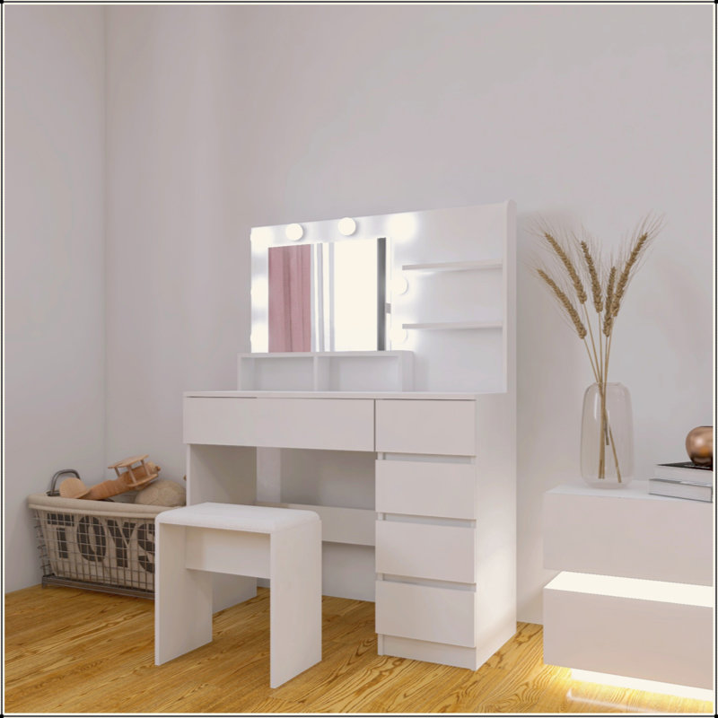 Vanity, Makeup Vanity Desk Set With Mirror & Light, Dressing Table Storage Lots With Power Strip, 3 Lighting Modes With Adjustable Brightness, 37 Inches  (White With Stool)