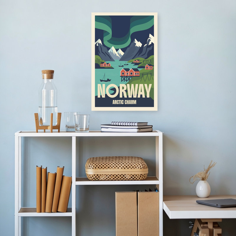 Norway Fjord Northern Lights Serene Traditional Abstract Landscape Mountain Wall Art Print 1 Piece Wrapped Canvas Wall Art