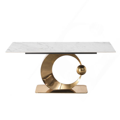 Table de salle à manger en pierre de 71 pouces de couleur blanche de Carrare et base piédestal en acier inoxydable
