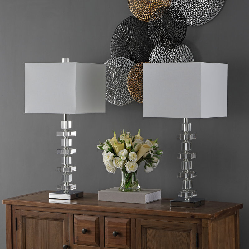 White Crystal and Chrome Art Deco Table Lamp Set with USB Port