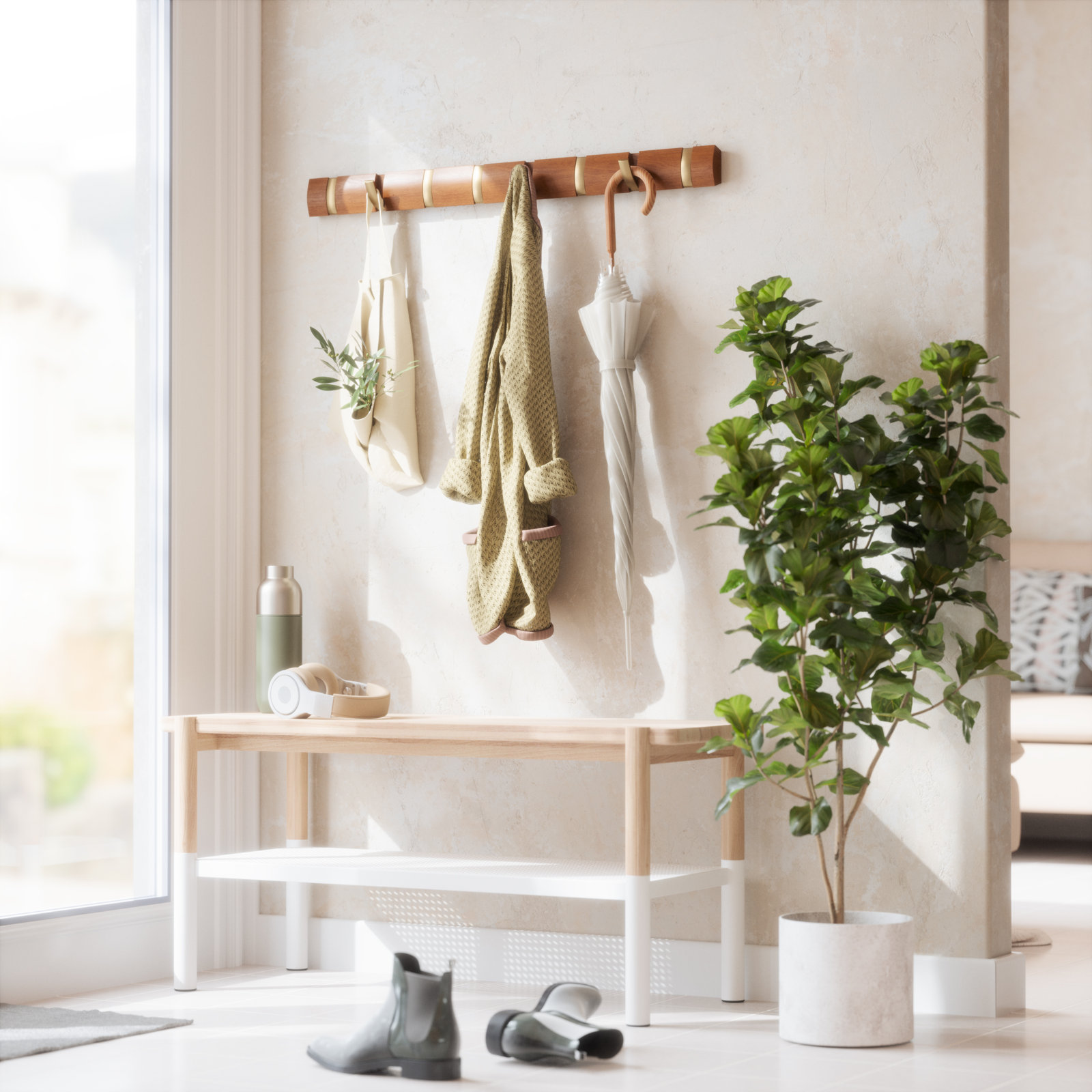 8-Hook Solid Wood Coat Rack, Light Walnut/Warm Gold