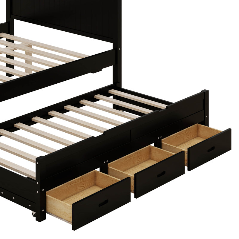 Lit plateforme à baldaquin avec lit gigogne ＆ 3 tiroirs de rangement, base de lit en bois pour chambre d'amis, petit espace
