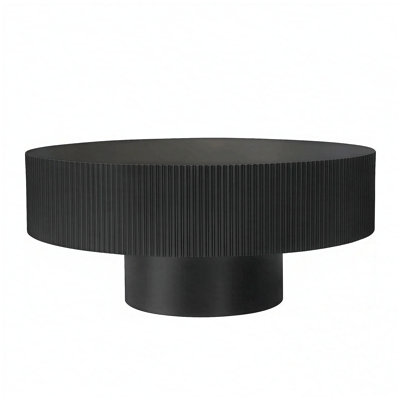 Elegant Easy Assembly Round Coffee Table With 6.8" Thick Tabletop, Modern Drum End Table, Minimalist Fluted Center Table With Sturdy Base For Living Room, Black, 31.5"W*13.7"H