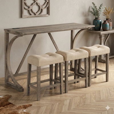 Ensemble de table de bar 4 pièces avec prise de courant, comprenant une table de bar et des chaises avec 3 tabourets rembourrés, pour le salon, la salle à manger ou la salle de jeux, brun