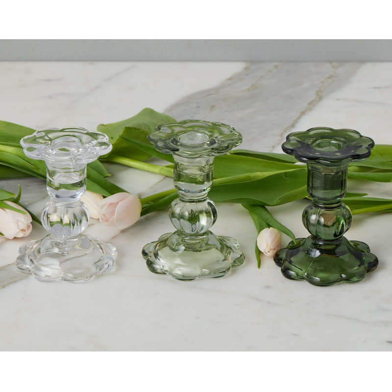 Glass Scalloped Candlesticks, Clear/Sage/Spruce
