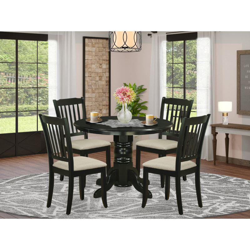 5 Piece Dinette Set for 4 Includes a Round Kitchen Table with Pedestal and 4 Linen Fabric Kitchen Dining Chairs, 42x42 Inch, Black