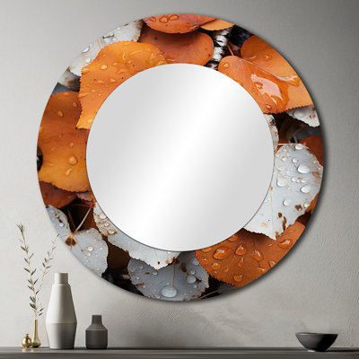 Décoration murale blanche et orange en feuilles de forêt à Aspen au Colorado - Miroir rond botanique