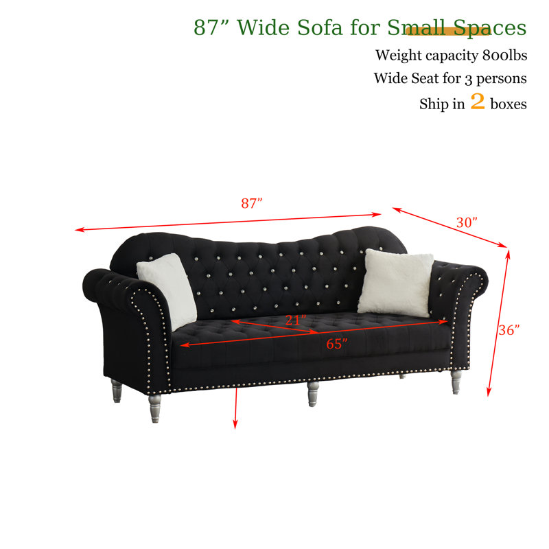 87" Velvet Sofa, Chesterfield Sofa With Rolled Arm And Solid Wood, Black