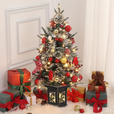 Pre-Lit Snow Flocked Christmas Tree, Small Artificial Christmas Tree with Lighting Elk Base & 78 Led Lights, 8 Lighting Modes Hinged Xmas Tree, Home Office Holiday Christmas Decor Ornaments