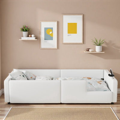Upholstered Platform Bed With Guardrail And Charging Station