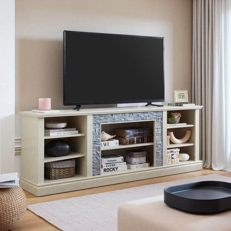 Large TV Desk Storage Rack With Faux Stacked Stone Surround,Media Console Table With Large Storage Cabinet,Modern TV Media Entertaionment Stand