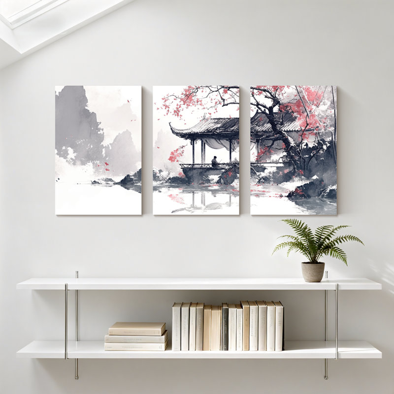 Paysage et nature, scène de jardin traditionnelle chinoise avec fleurs de cerisier, ensemble de 3 impressions sur toile