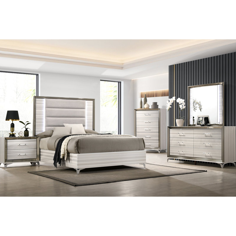 Chambre contemporaine de 5 pièces pour grand lit, finition blanche, bois massif et éclairage intégré, 14 lattes, 4 pieds de support centraux, revêtement, style de rangement spacieux, bois +,