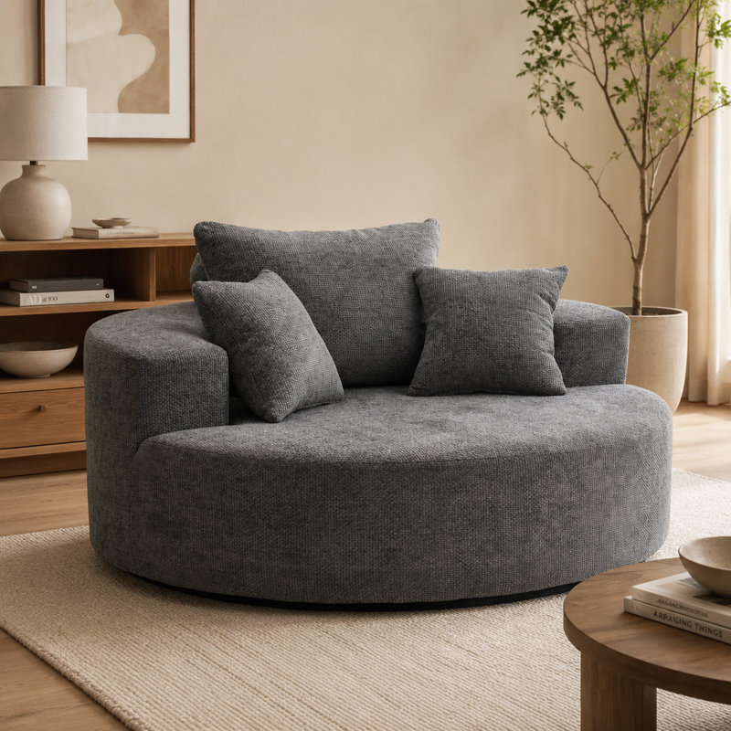 Fauteuil lounge rond surdimensionné de 140 cm en chenille avec 3 coussins, canapé rembourré en forme de nuage - Gris