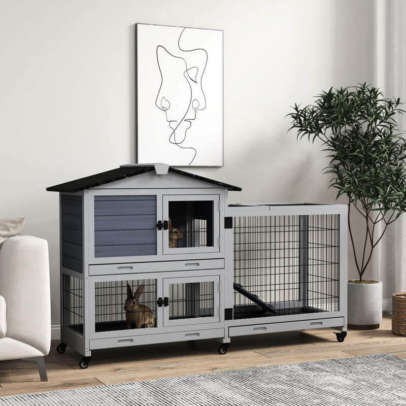 Cage à 2 étages avec plateau coulissant, 59,8 po x 20,9 po x 39,2 po, gris, sécuritaire pour les animaux de compagnie, grand plateau extérieur adapté et durabilité
