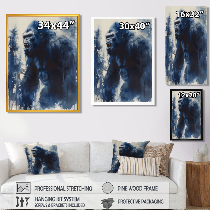 «Blue Grey Mythic Majesty Winter Bigfoot», impression d'art mural Bigfoot, Toile argentée avec cadre flottant