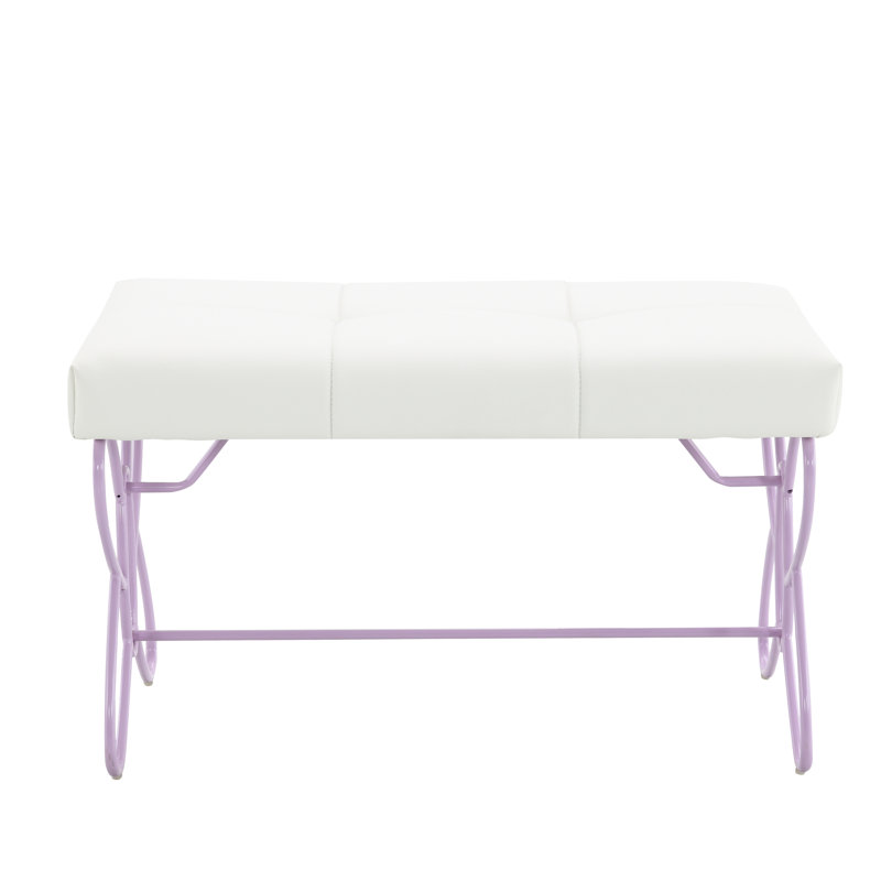 Bench With White Faux Leather - Purple Metal Base, Butterfly , Comfortable For Living Areas Backless Leather, Base Design, Space