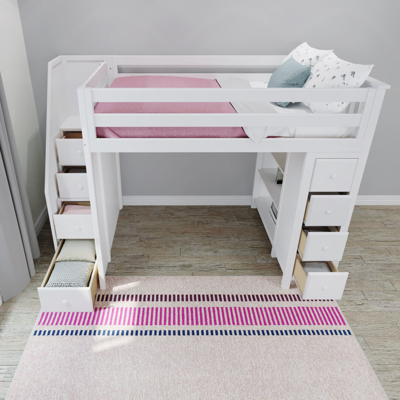 Brodie Kids 8 Drawer Solid Wood Loft Bed with Shelves, White, Full
