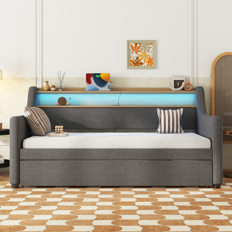 Daybed with Trundle, Upholstered Daybed with Charging Station and LED Lights, Gray