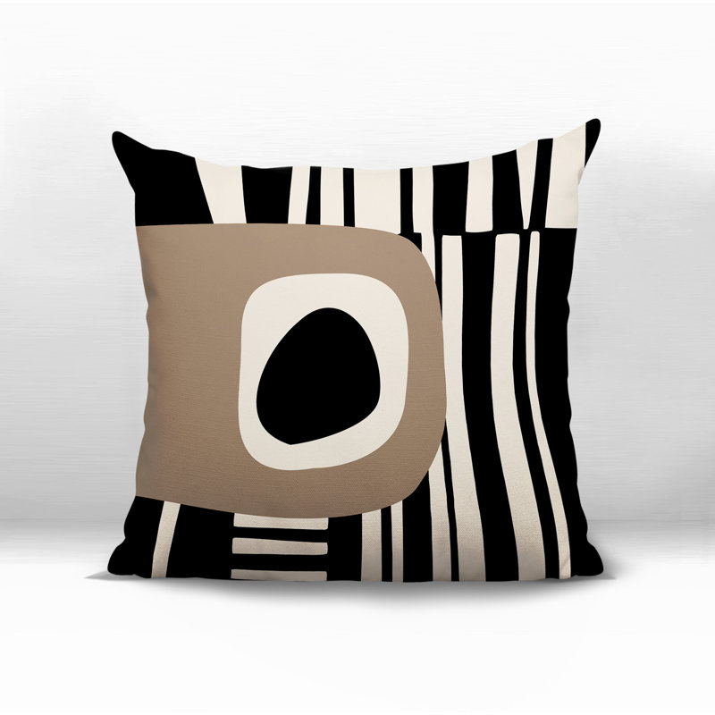 Oreiller carré réversible intérieur / extérieur Jina, H 19 po x l 19 po, Beige / noir / blanc cassé abstrait