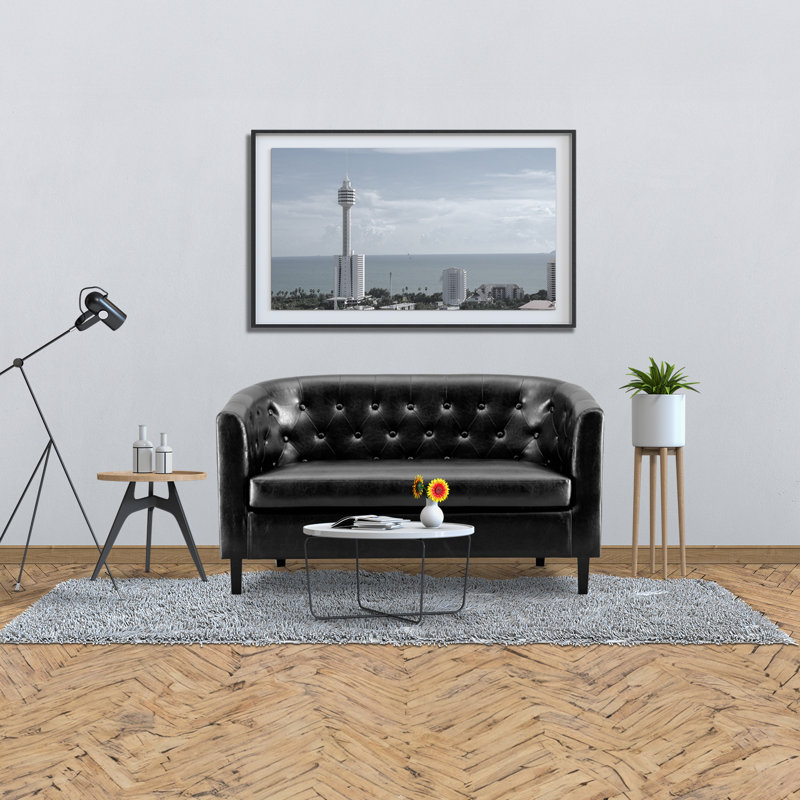 Engelhardt Faux Leather Midcentury Barrel Loveseat 2 Seater Sofa Couch for Bedrooms and Living Room., Black Faux Leather
