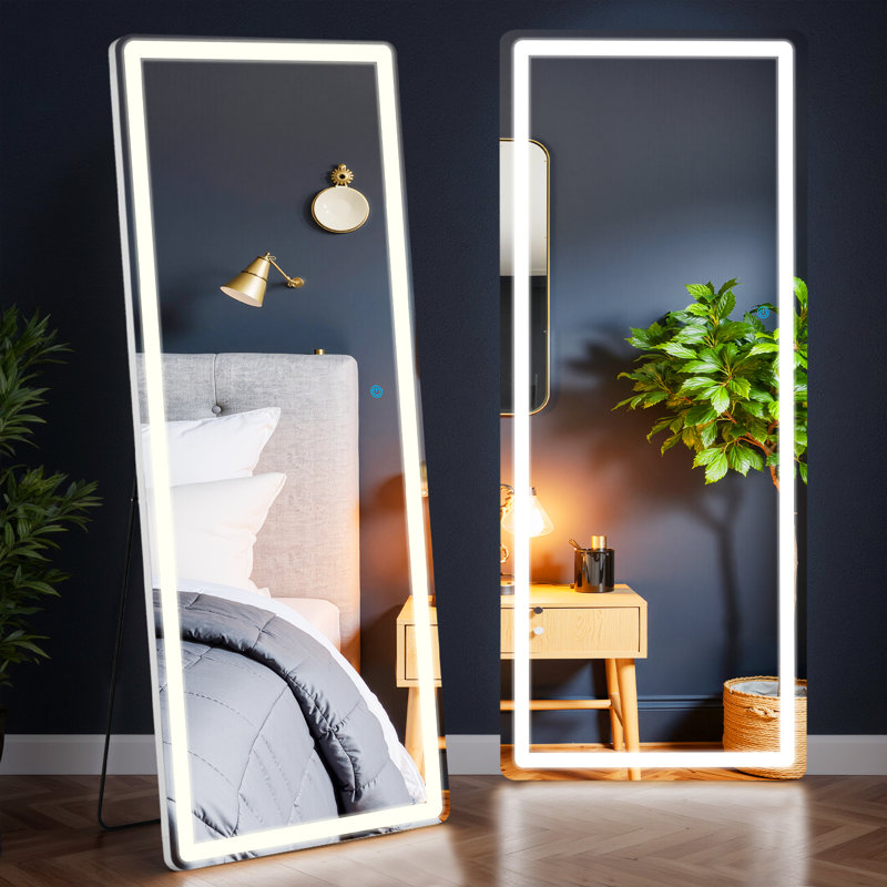 Mirror Full Length Standing Mirror With LED Lights, Lighted Floor Mirror With Stand And Dimming, 71" x 26"