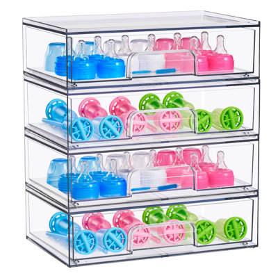 Sorbus Wide Stackable Acrylic Storage Drawers, 4 Pack Clear Plastic Organizer Bins for Baby Bottles, Makeup, Bathroom, Vanity & Kitchen Countertop Organization, Pull-Out Drawer Design for Cabinets & Pantry, Set of 4