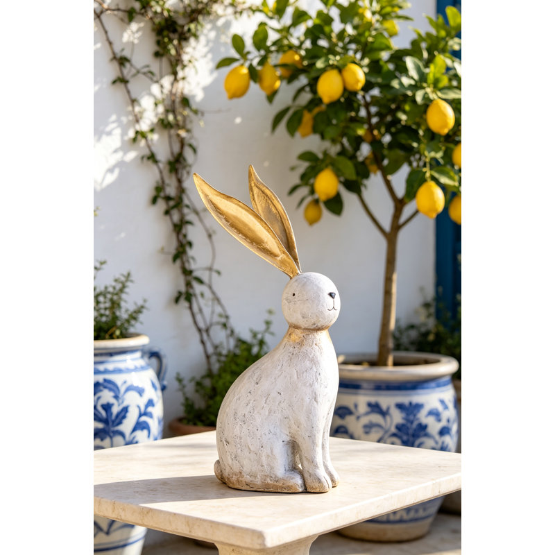 Figurine de lapin en magnésium blanc ludique avec oreilles en fer doré, parfaite pour un décor moderne et rustique