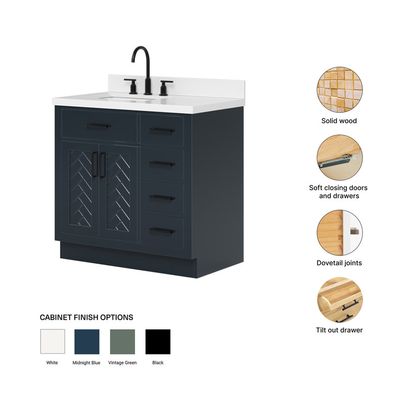 Ensemble de meuble-lavabo rectangulaire rectangulaire gauche 37 po avec comptoir en quartz blanc pur 1,5 po Chevron