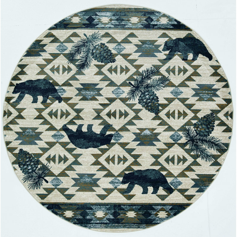 Polypropylène tissé à la machine Delita 7 pi 10 po intérieur / extérieur ivoire / bleu / vert, Rond 7 pi 10 po