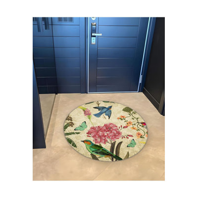 Round Multicolor Butterfly Bird Flower Detail Woven Base Modern Decorative Machine Washable Rug
