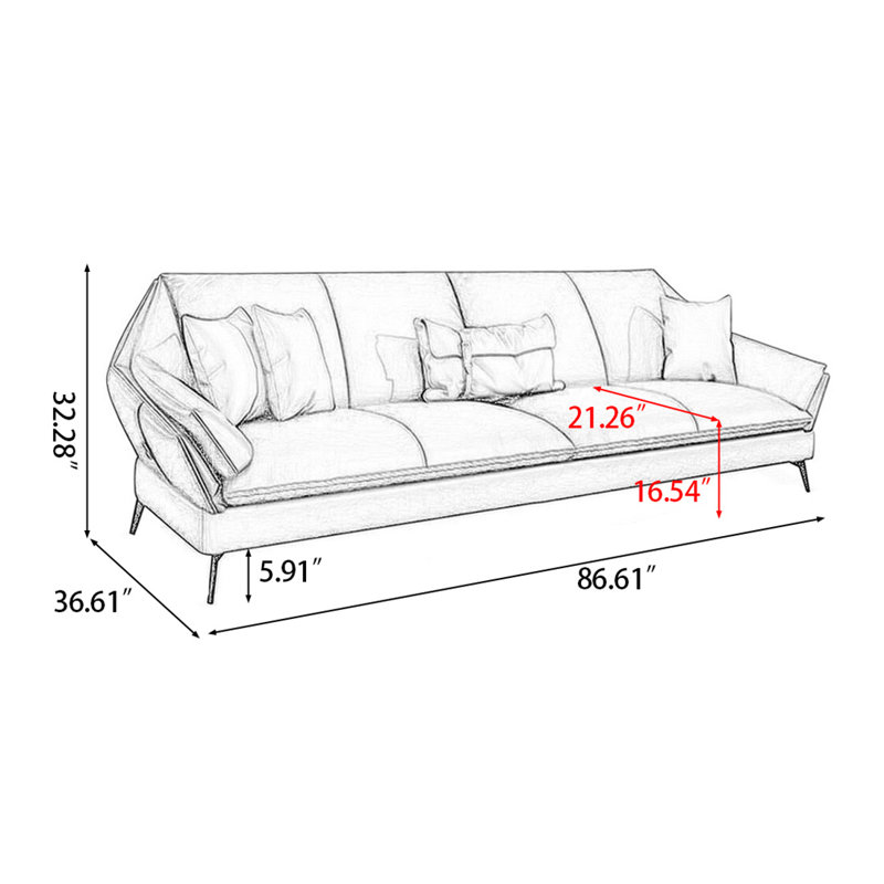 Causeuse coussin orange en cuir véritable, H 32,28 po x l 86,61 po x P 36,61 po, Orange