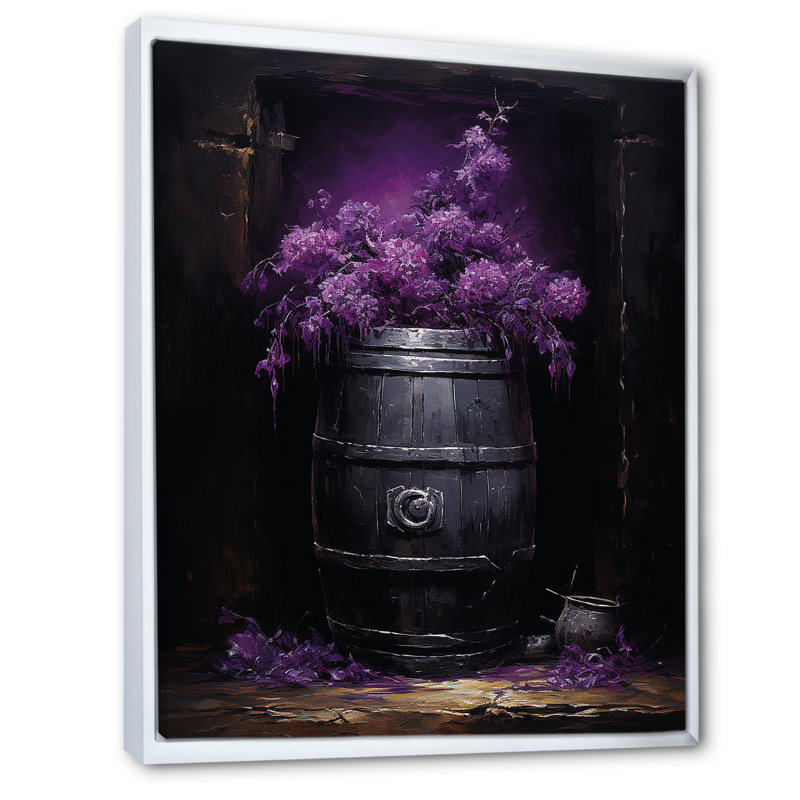 Fleurs mauves en bois tonneau de vin - art mural vin, H 40 po x l 30 po x P 1,5 po, Cadre flottant blanc