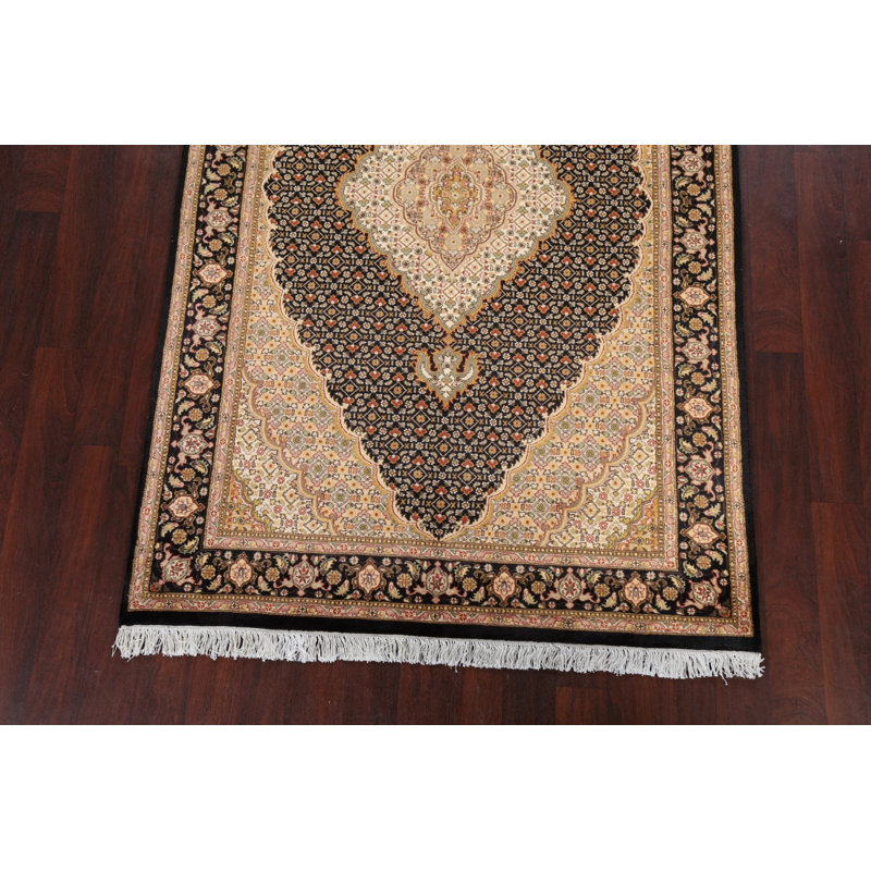 Tapis noir en laine noué à la main de conception unique 5 pi 1 po x 8 pi 1 po New Age
