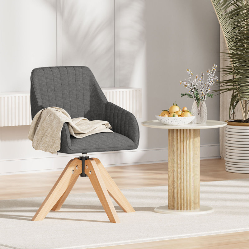  Upholstered Swivel Accent Chair, Linen Fabric Ergonomic Wood Arm Chair for Living Room, Bedroom, Dark Gray Linen Blend